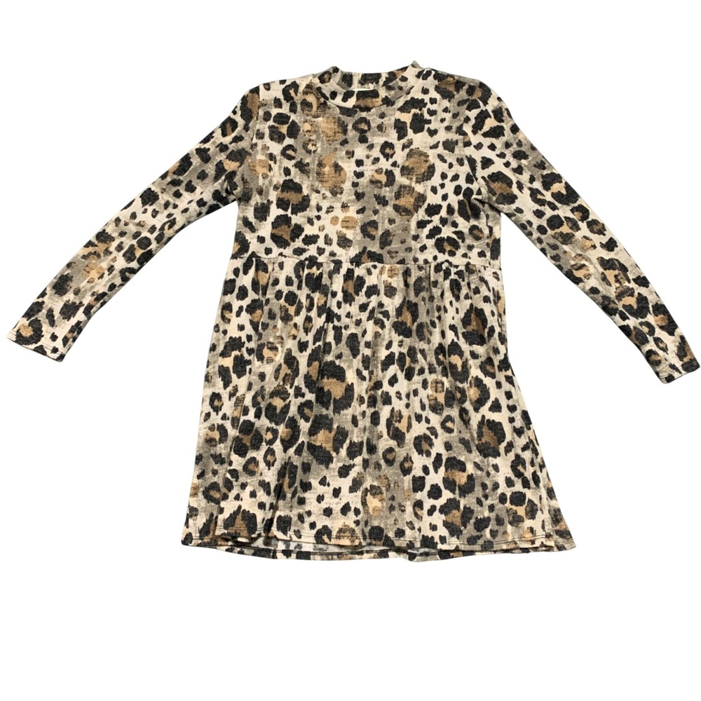 Entro Womens Leopard Print Mock Neck Long Sleeve Babydoll Tunic Dress Tan Black